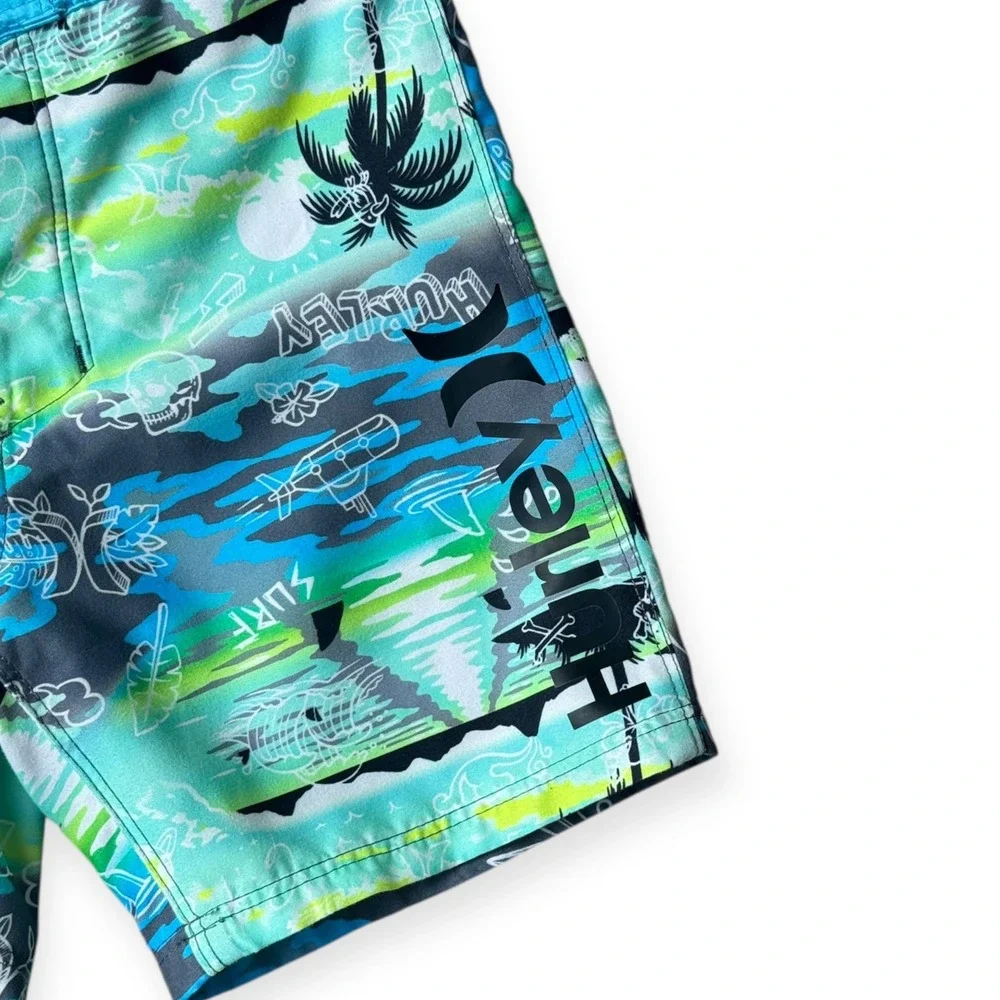Hurley Boys Swim Trunks Size 4 Turquoise Blue Green Palm Tree Board Shorts